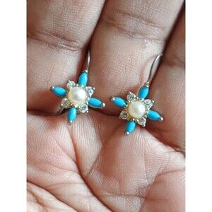 NV Turquoise Real Pearl Crystal Sterling Silver Vintage Dangle Earrings